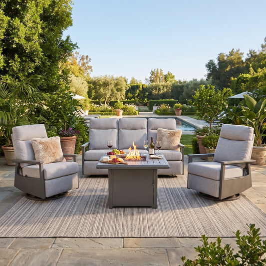 Huntington 5-Seat Patio Aluminum Reclining Sofa Firepit Conversation Set with Pair of Recliners
