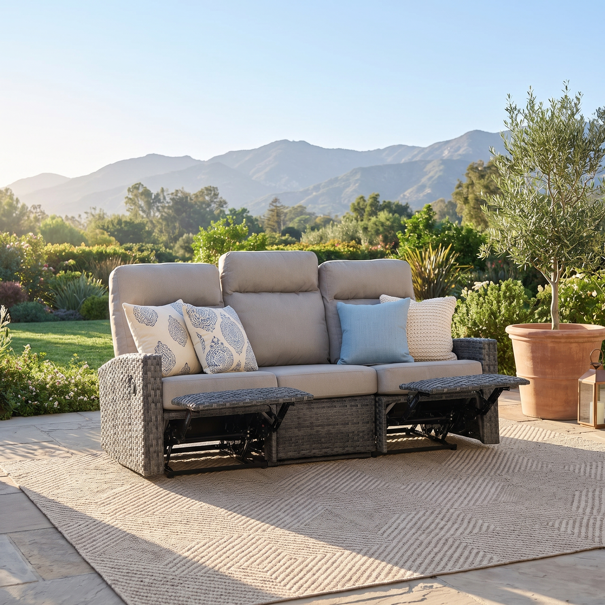 Malibu II Three-Seat Outdoor Wicker Reclining Sofa in Sunbrella® Canvas Taupe