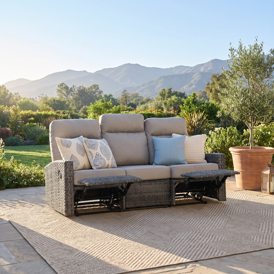 Malibu II Three-Seat Outdoor Wicker Reclining Sofa in Sunbrella® Canvas Taupe