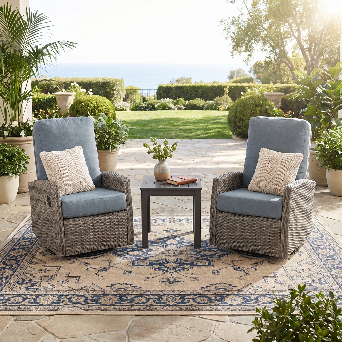 Keywest Wicker Outdoor 2PC Swivel Glider Recliner and Side Table | Outdoor Bistro Set