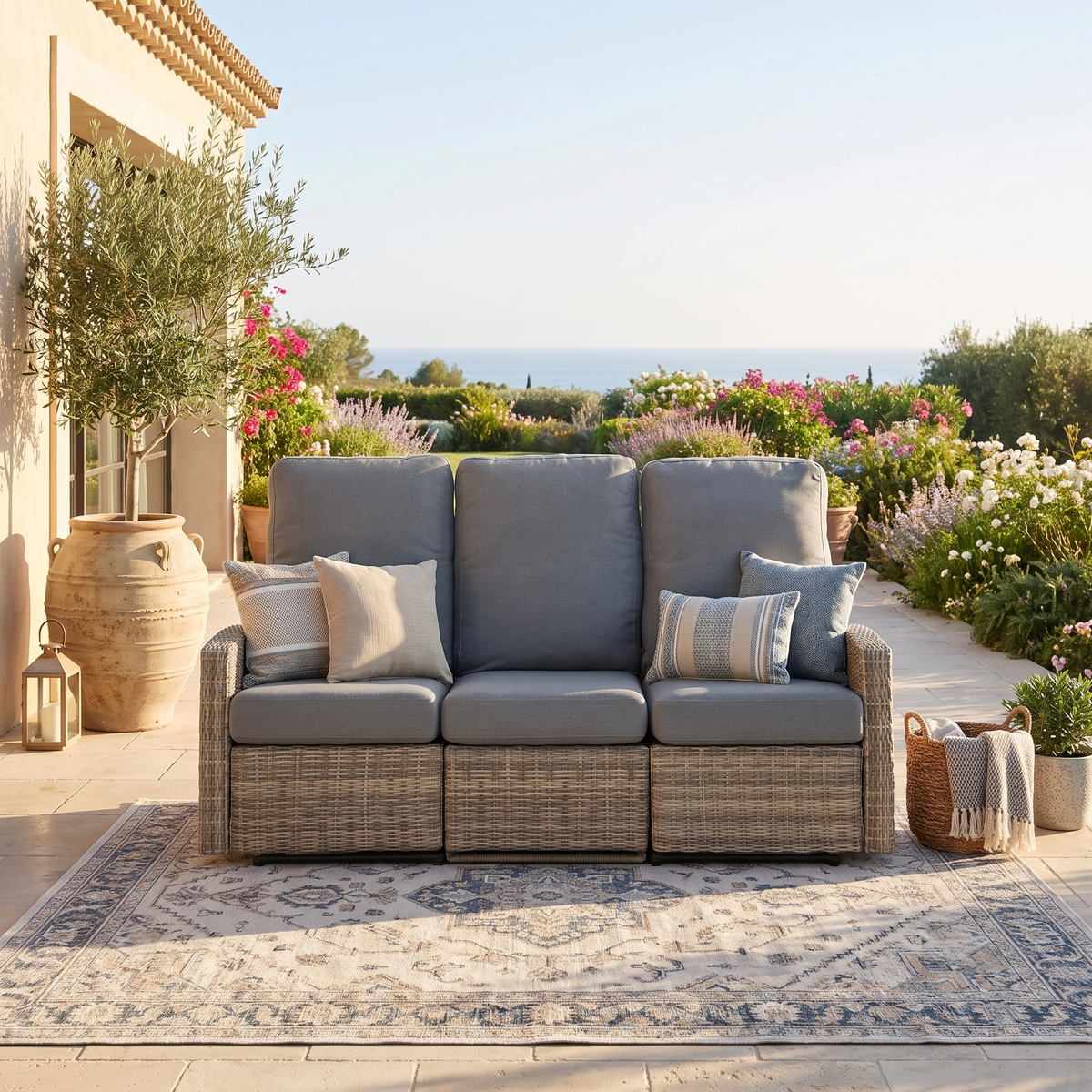 Keywest Three-Seat Outdoor Wicker Reclining Sofa - Dove Grey & Carolina Blue