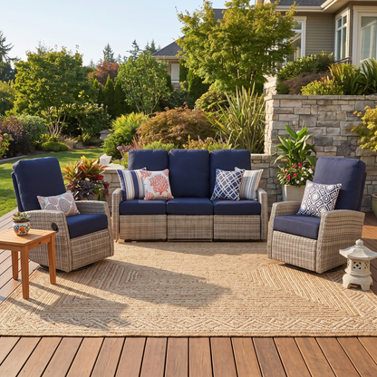 Keywest Outdoor Wicker Reclining Sofa Conversation Set with a pair of recliners in Sunbrella® Navy | Outdoor Sofa Set
