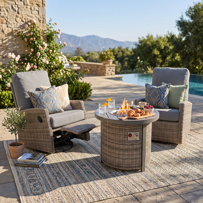 Keywest Outdoor Firepit Bistro Set | 2PC Wicker Swivel Glider Recliner with Firepit Table