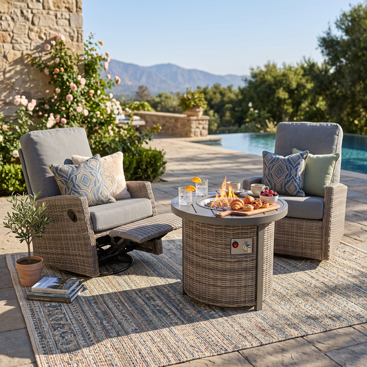 Keywest Outdoor Firepit Bistro Set | 2PC Wicker Swivel Glider Recliner with Firepit Table
