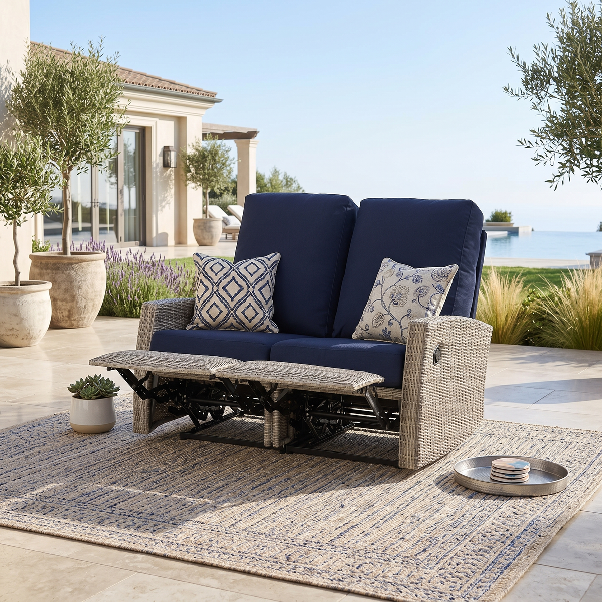 Keywest Outdoor Wicker Loveseat Reclining Sofa in Sunbrella® Canvas Navy | Outdoor Sofa