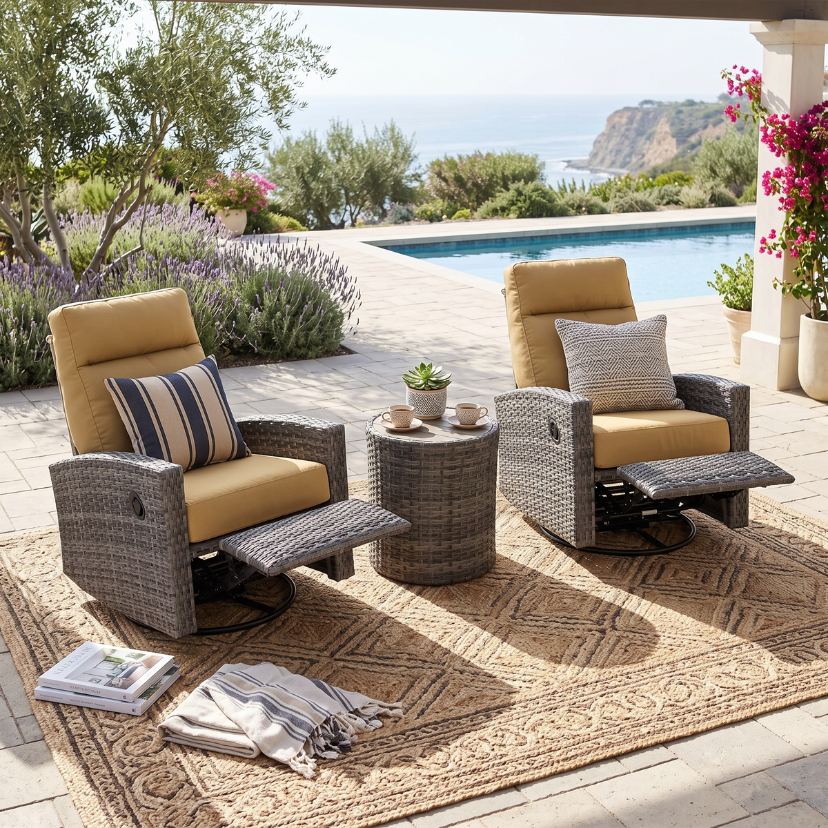 Malibu II Wicker Outdoor 2PC Swivel Glider Recliner in Sunbrella® Canvas Brass and Side Table | Outdoor Bistro Set