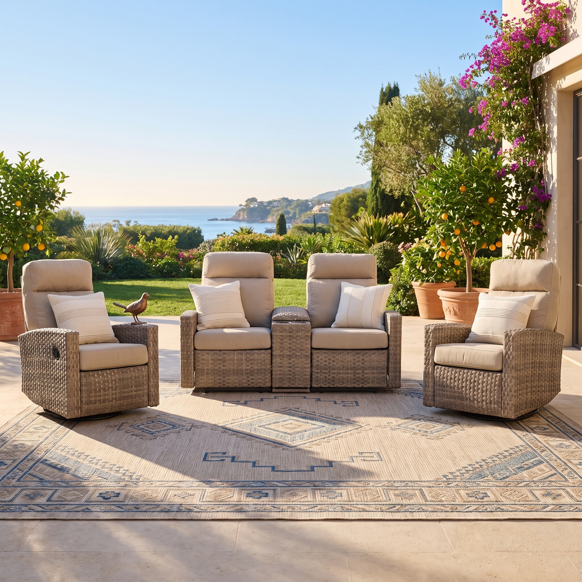Newport Outdoor Wicker Reclining Console Loveseat Conversation Set with a pair of Recliners in Sunbrella® Spectrum Mushroom | Outdoor Set