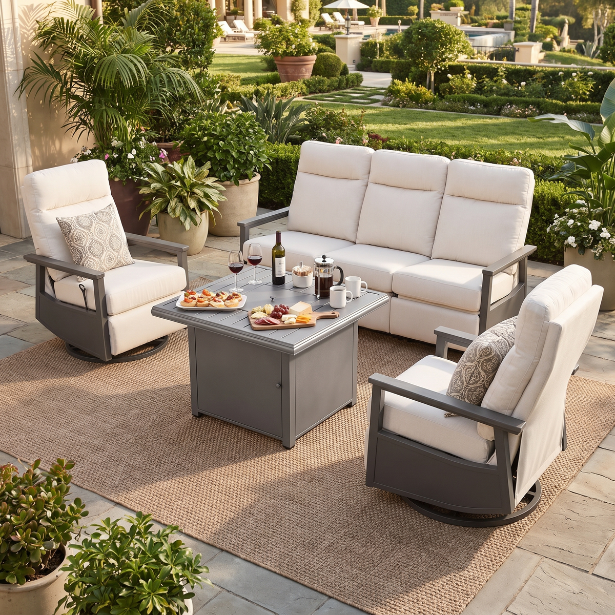 Huntington 5-Seat Patio Aluminum Reclining Sofa Firepit Conversation Set with Pair of Recliners in Sunbrella® Canvas Canvas