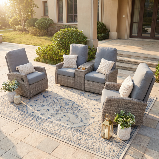 Keywest Outdoor Wicker Reclining Console Loveseat Conversation Set with a pair of recliners- Dove Grey & Carolina Blue