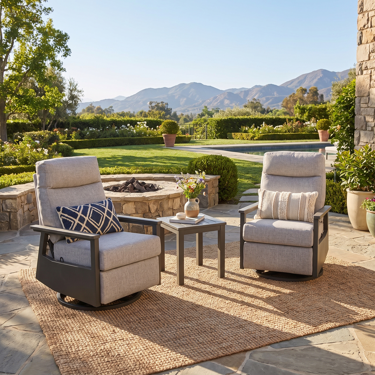 Huntington Aluminum Outdoor 2PC Swivel Glider Recliners and Side Table  | Outdoor Bistro Set
