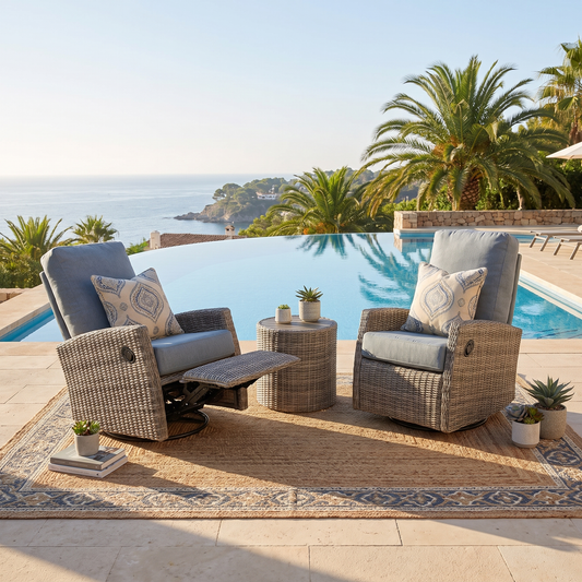 Keywest Wicker Outdoor Swivel Glider Recliner Bistro Set  | Patio Lounge Chair x 2  with Matching Side Table