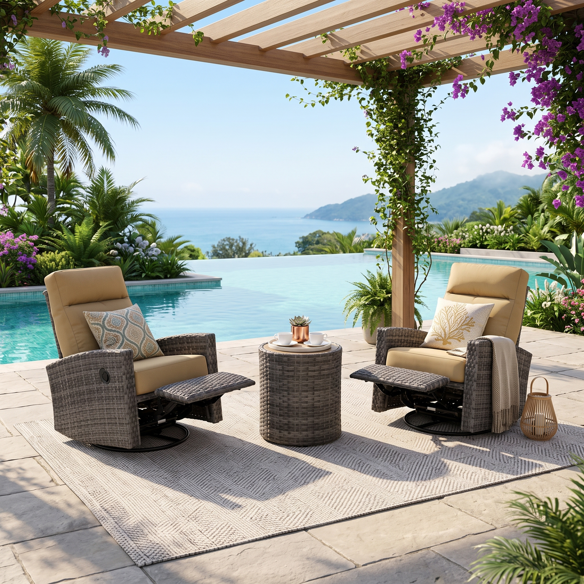 Malibu II Wicker Outdoor 2PC Swivel Glider Recliner in Sunbrella® Canvas Brass and Side Table | Outdoor Bistro Set