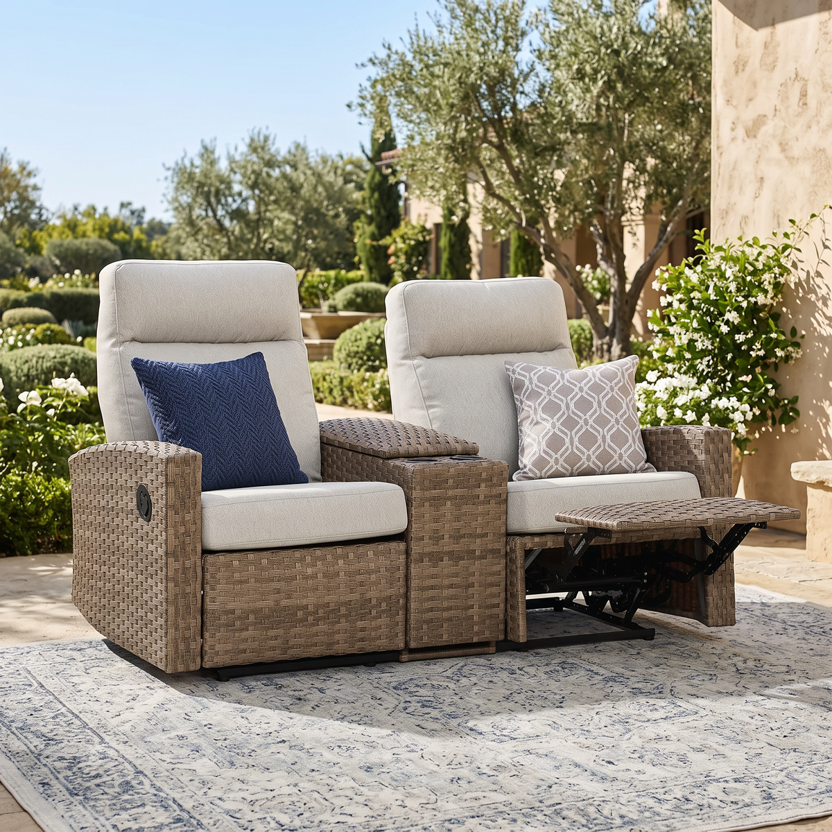 Newport Outdoor Wicker Reclining Loveseat Sofa with Console