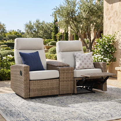 Newport Outdoor Wicker Reclining Loveseat Sofa with Console