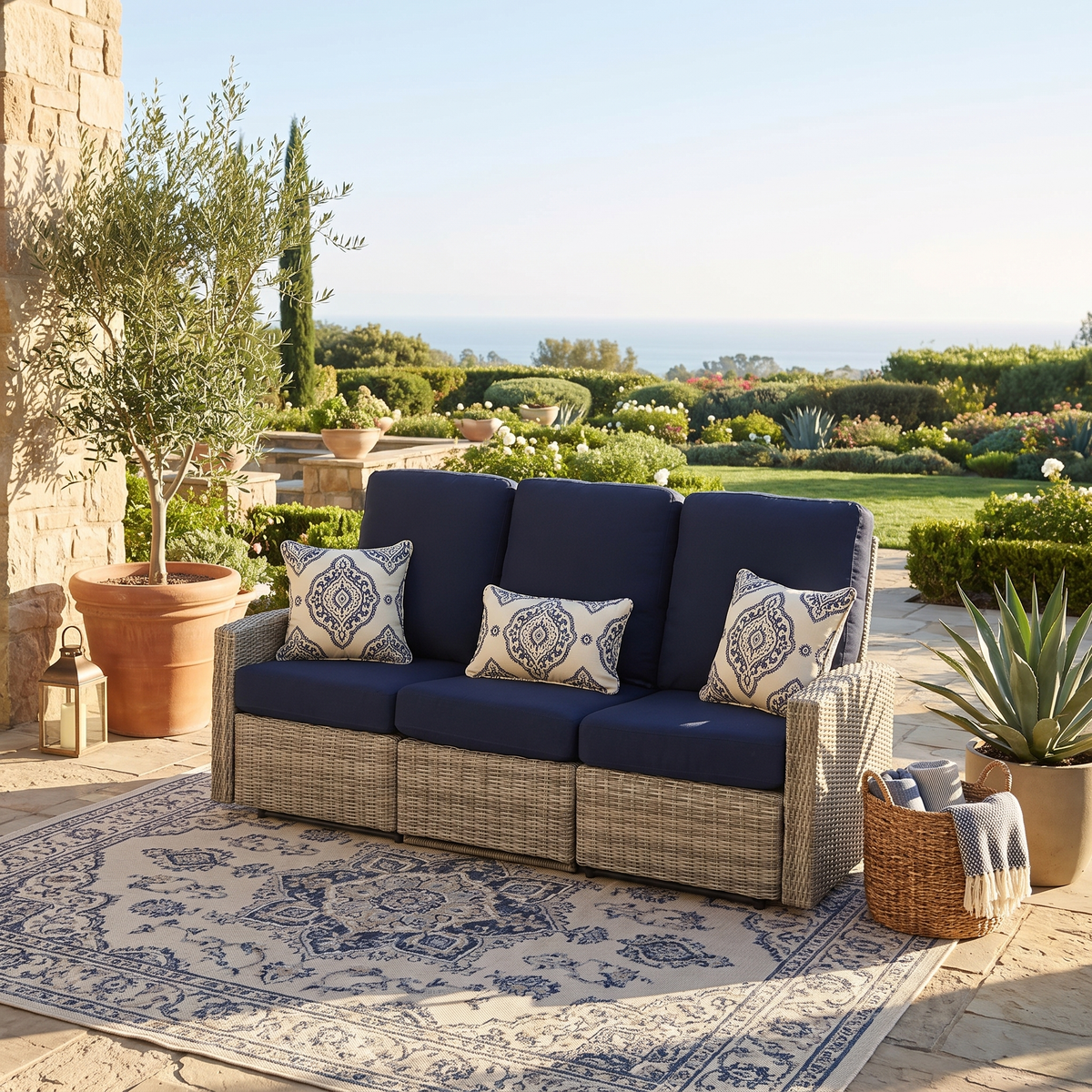 Keywest Outdoor Wicker Reclining Sofa Conversation Set with a pair of recliners in Sunbrella® Navy | Outdoor Sofa Set
