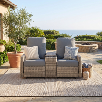 Keywest Outdoor Wicker Reclining Loveseat Sofa with Console - Dove Grey & Carolina Blue
