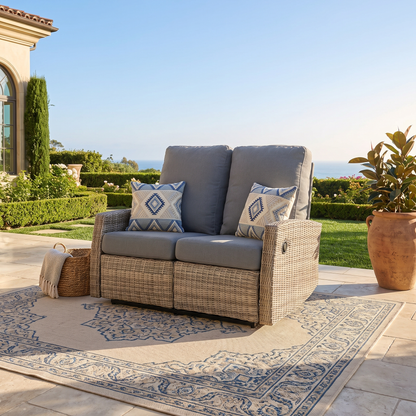 Keywest Outdoor Wicker Reclining Loveseat Sofa - Dove Grey & Carolina Blue