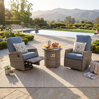 Keywest Outdoor Firepit Bistro Set | 2PC Wicker Swivel Glider Recliner with Firepit Table