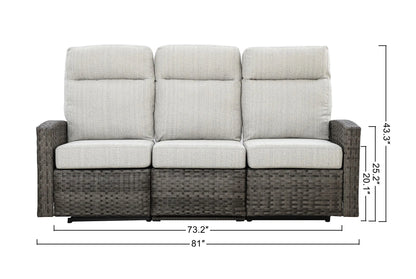 Malibu II Three-Seat Outdoor Wicker Reclining Sofa in Sunbrella® Canvas Taupe — Outdoor Nook USA - size