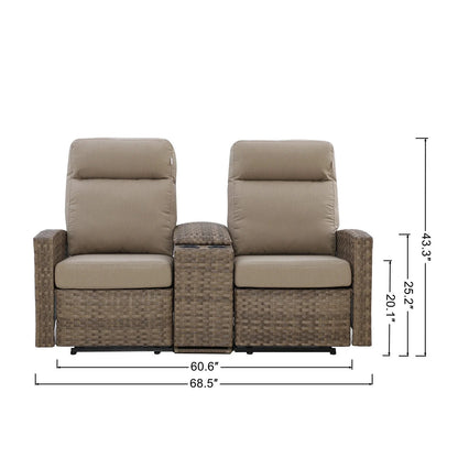 Newport Outdoor Wicker Reclining Loveseat Sofa with Console in Sunbrella® Spectrum Mushroom — Outdoo - size