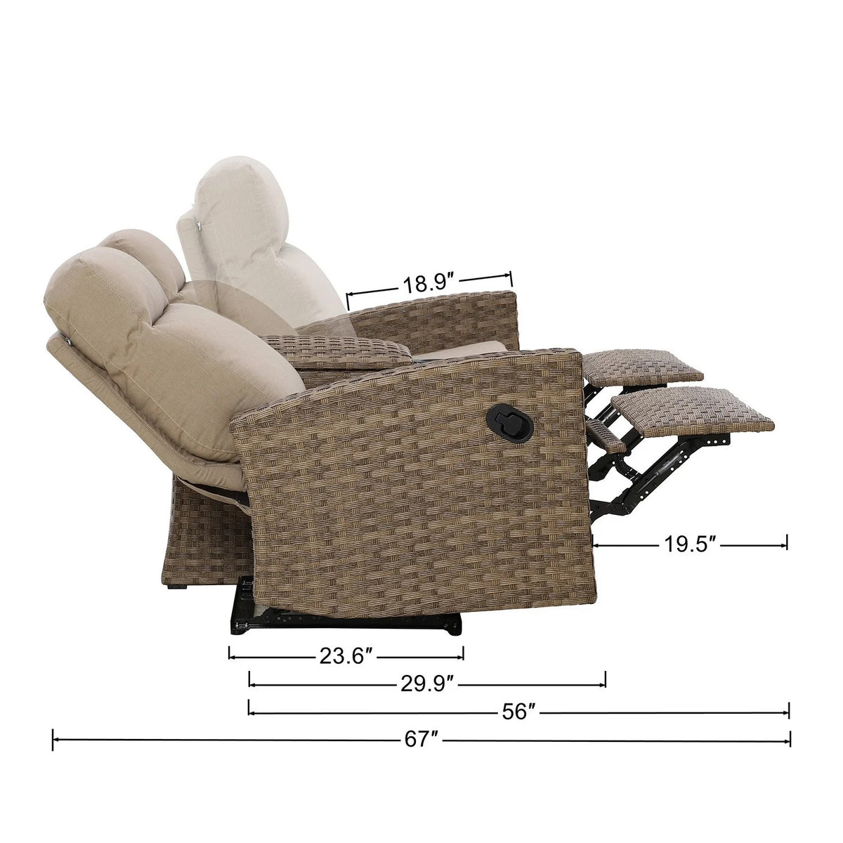 Newport Three-Seat Outdoor Wicker Reclining Sofa in Sunbrella® Spectrum Mushroom — Outdoor Nook USA - size