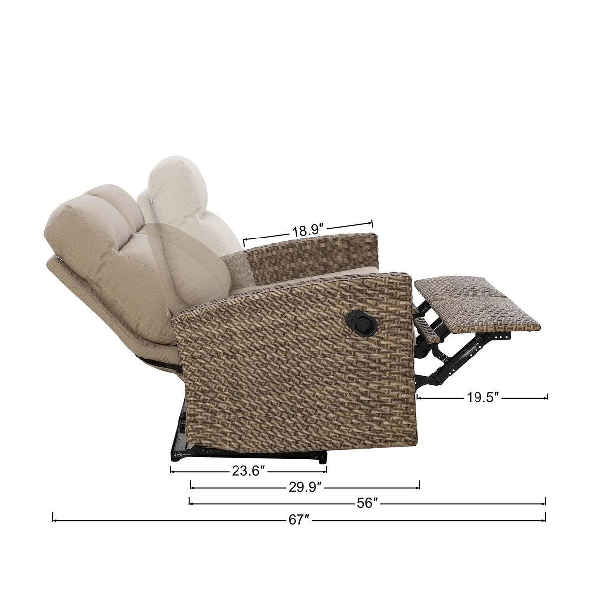 Newport Outdoor Wicker Reclining Loveseat Sofa in Sunbrella® Spectrum Mushroom — Outdoor Nook USA - size
