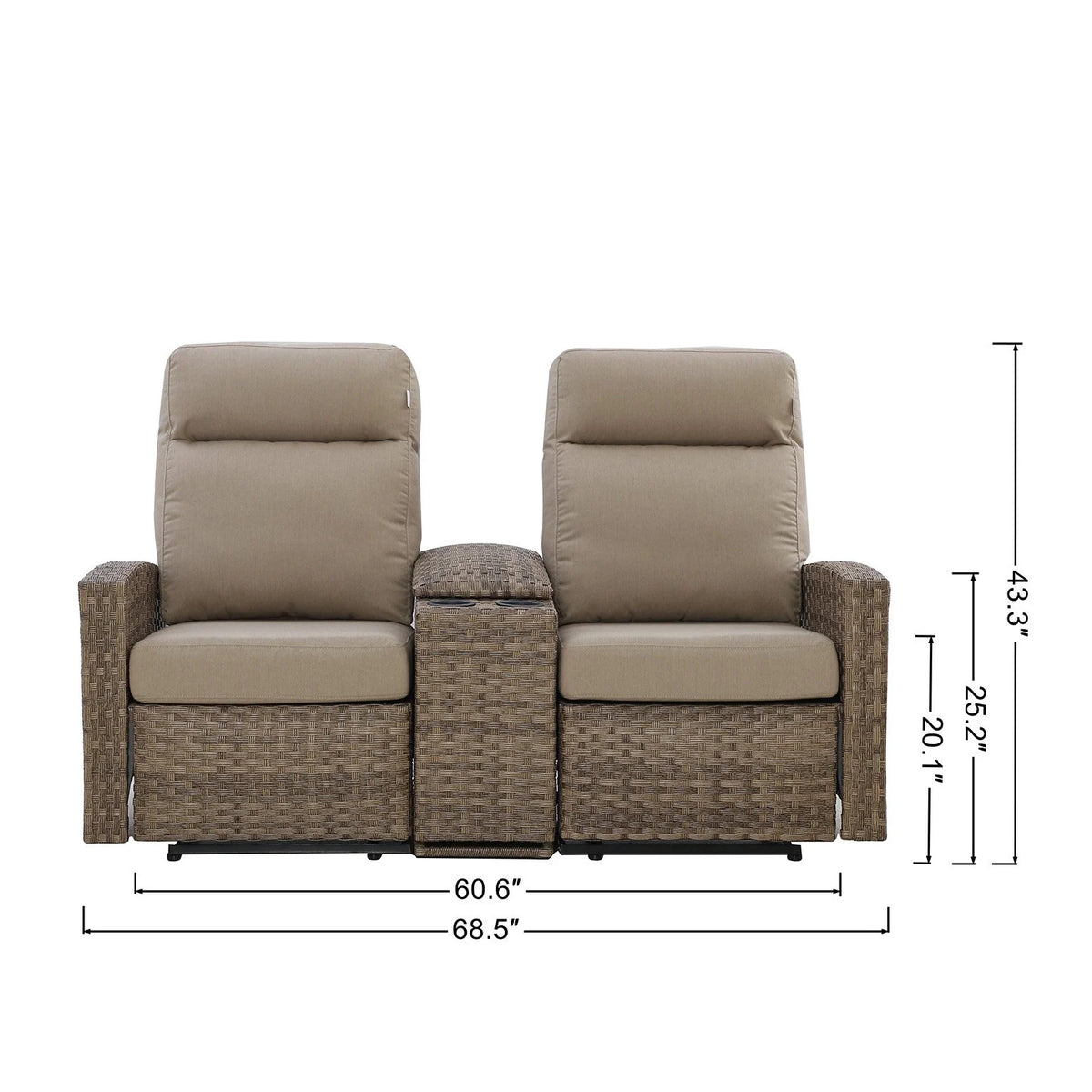 Newport Outdoor Wicker Reclining Loveseat Sofa with Console _ Patio Lounge Sofa — Outdoor Nook USA - size