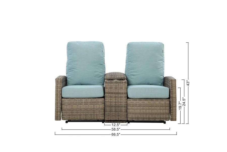 Keywest Outdoor Wicker Console Loveseat Reclining Sofa in Sunbrella® Canvas Navy — Outdoor Nook USA - size
