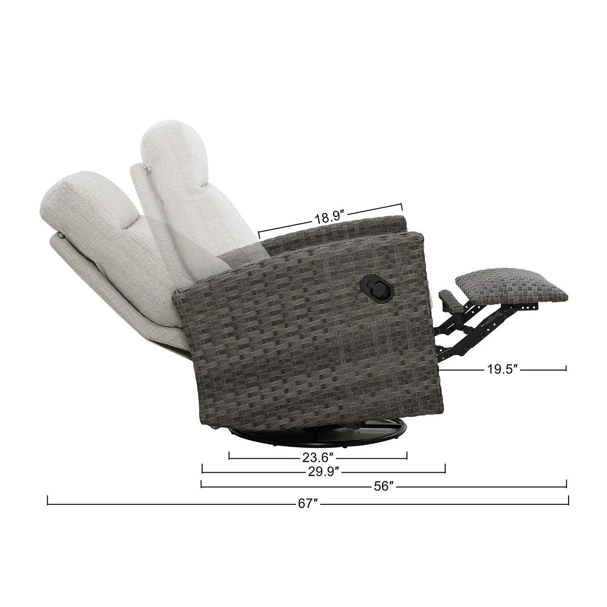 Malibu II Wicker Outdoor 2PC Swivel Glider Recliner in Sunbrella taupe and Side Table — Outdoor Nook - size