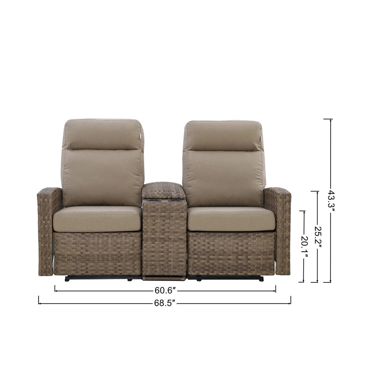 Newport Three-Seat Outdoor Wicker Reclining Sofa in Sunbrella® Spectrum Mushroom — Outdoor Nook USA - size