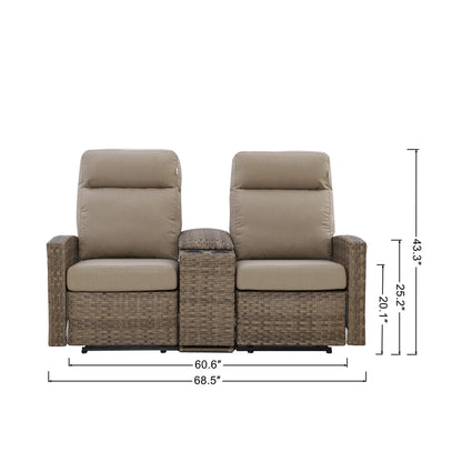 Newport Three-Seat Outdoor Wicker Reclining Sofa in Sunbrella® Spectrum Mushroom — Outdoor Nook USA - size