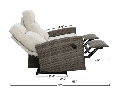 Malibu II Three-Seat Outdoor Wicker Reclining Sofa in Sunbrella® Canvas Taupe — Outdoor Nook USA - size