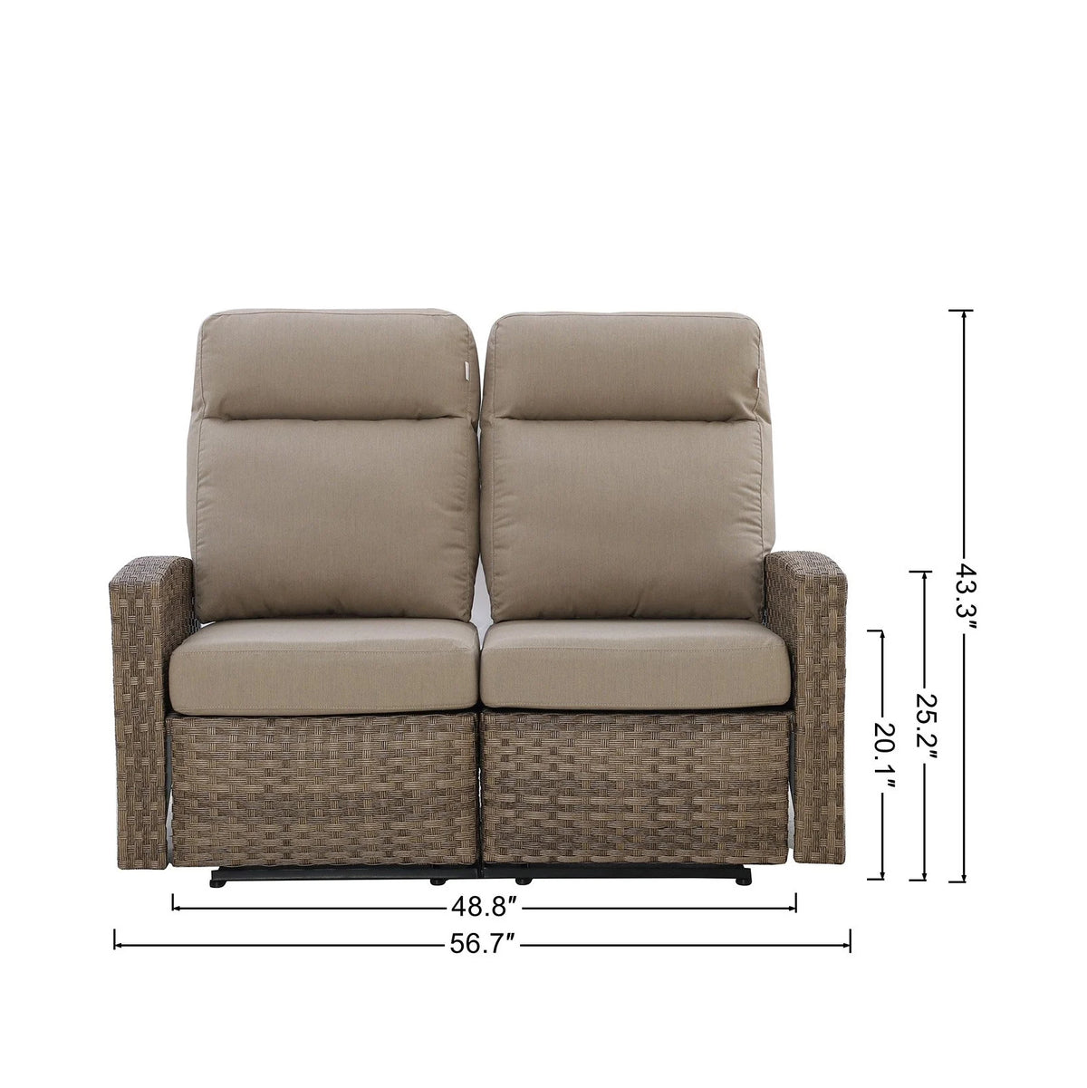 Newport Outdoor Wicker Reclining Loveseat Sofa in Sunbrella® Spectrum Mushroom — Outdoor Nook USA - size