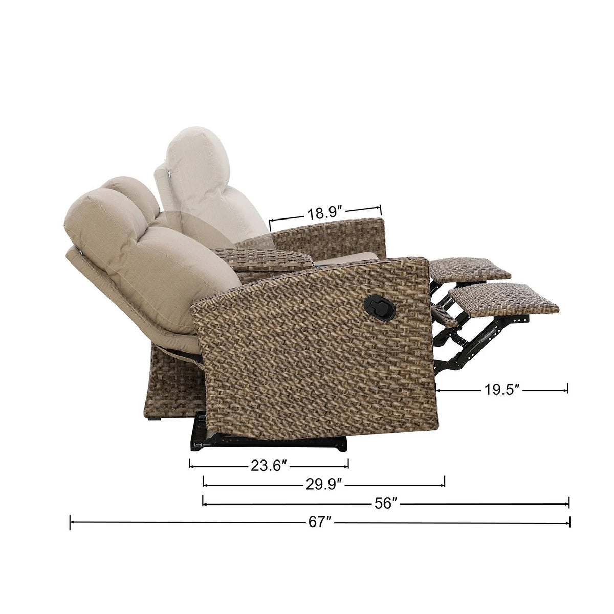 Newport Outdoor Wicker Reclining Loveseat Sofa with Console _ Patio Lounge Sofa — Outdoor Nook USA - size