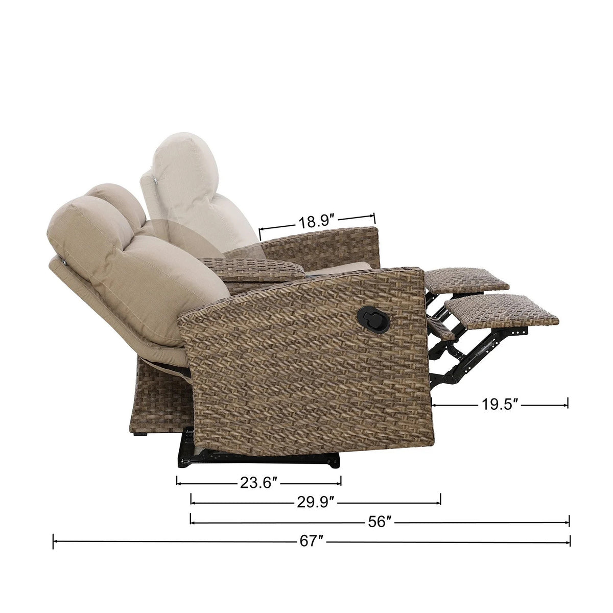 Newport Outdoor Wicker Reclining Loveseat Sofa with Console in Sunbrella® Spectrum Mushroom — Outdoo - size