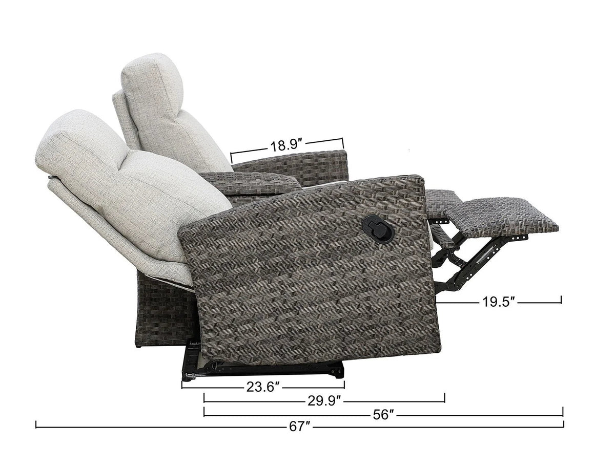 Malibu II Outdoor Wicker Reclining Console Loveseat Conversation Set with Recliners in Sunbrella — O - size